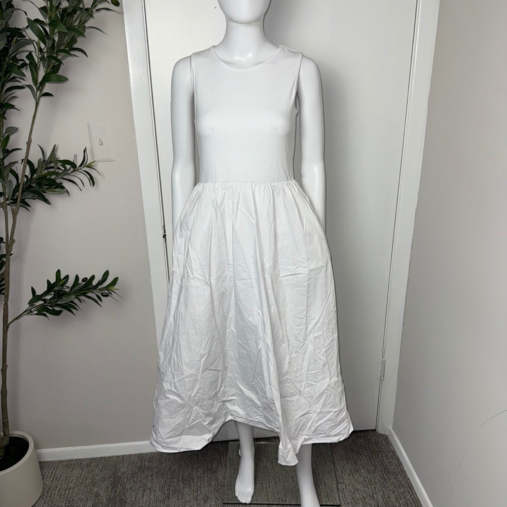 Commense White Sleeveless Midi Dress A-Line Summer Dress Pockets Size M - Picture 5 of 12